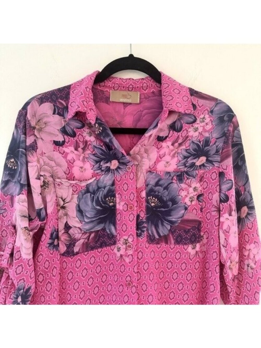 Free For Humanity Small Blouse Button Down Mixed Floral Twee Roll Tab Barbie Fun - Picture 3 of 16